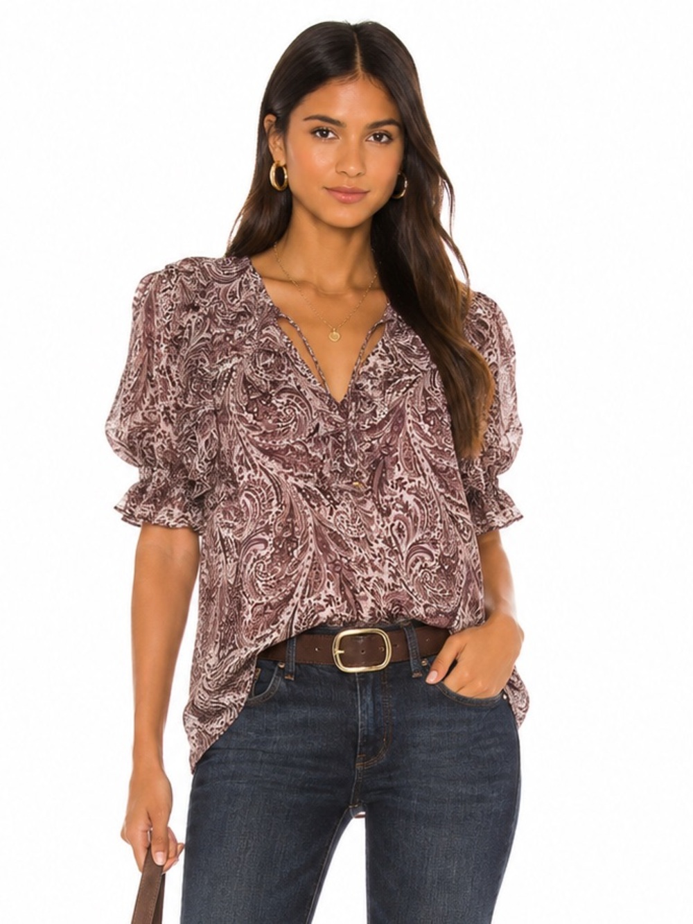Joie Paisley Ruffle Blouse Mauve Pink Puff Sleeve Boho Top Size S